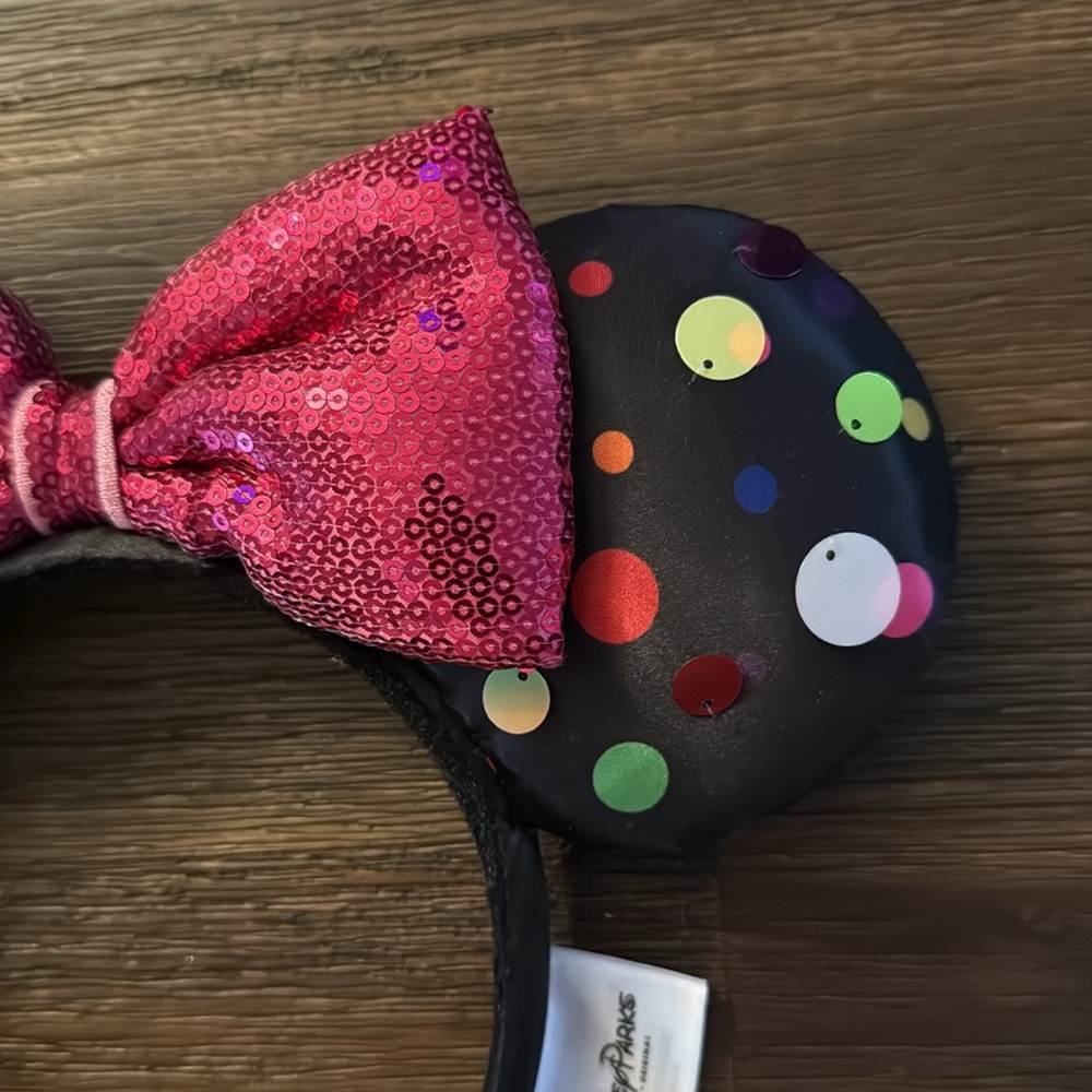 Disney Rock the Dots Black Ear Headband with Multi Polka Dots & Pink Sequin Bow - Picture 3 of 10